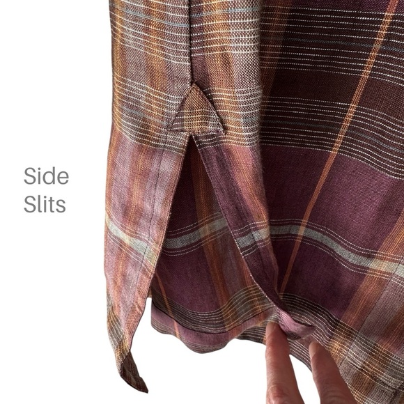 FACONNABLE | PURE LINEN TUNIC SHIRT PLAID LONG SLEEVE BUTTON FRONT PLUM | LARGE - Picture 3 of 9